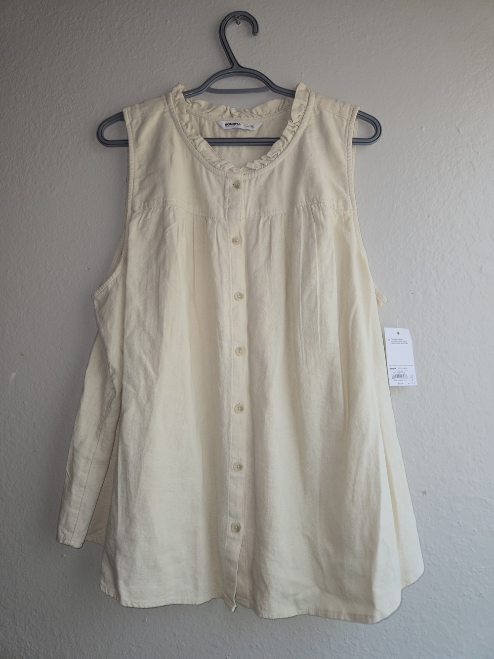 NWT Sonoma Sleeveless Button Down Shirt Women XXL Yellow Linen Blend Ruffle Neck